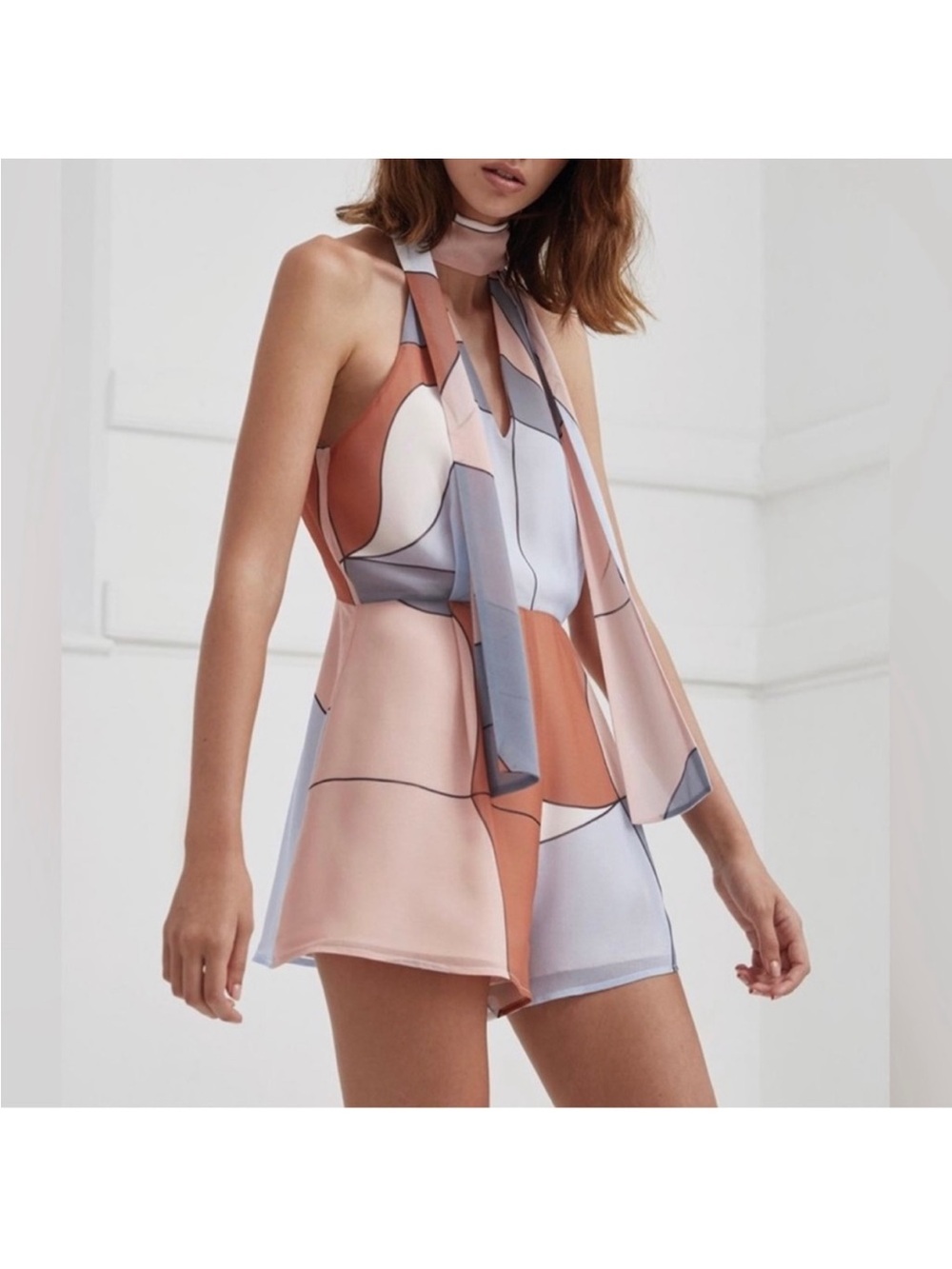 C/MEO Collective Make It Right Pastel Geometric Halter Tie Zip
Short Romper XL